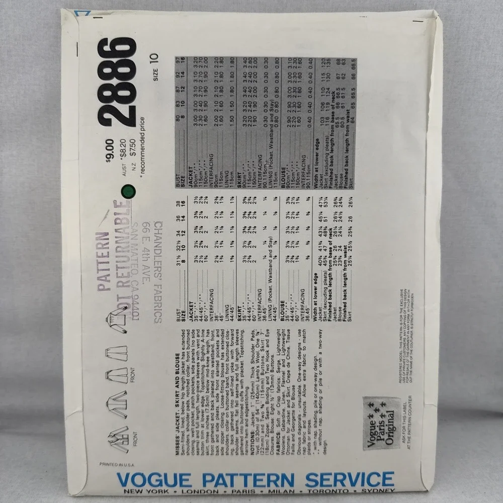 Vogue Paris Original Vintage 90s Sewing Pattern YS Laurent Separates 2886 10/32b